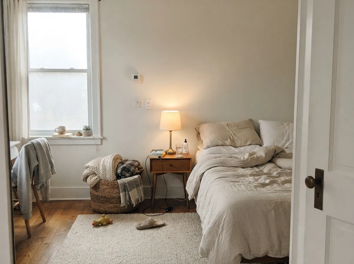 Snowbound bedroom walls with warm lamp light and oatmeal textiles.