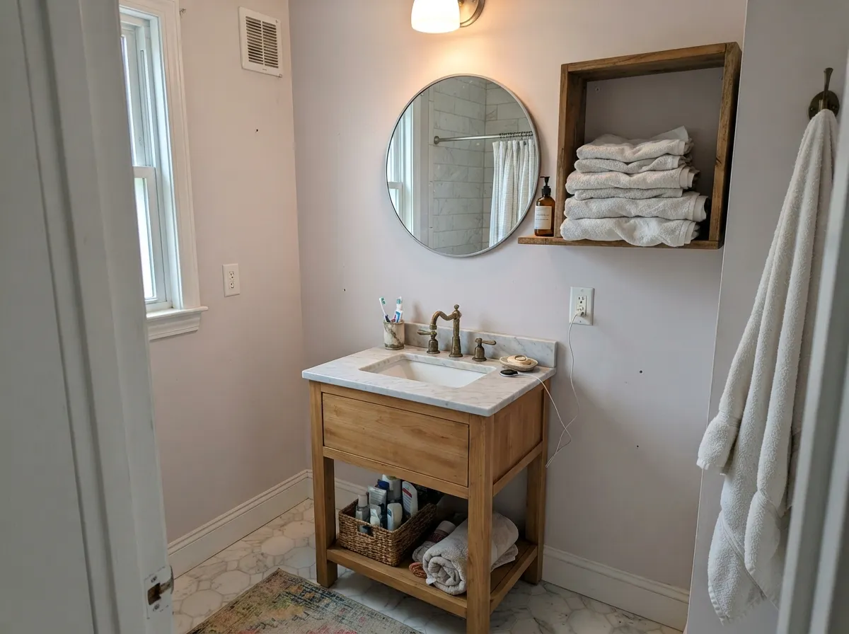 Snowbound bathroom walls with white marble tile and a wood vanity.