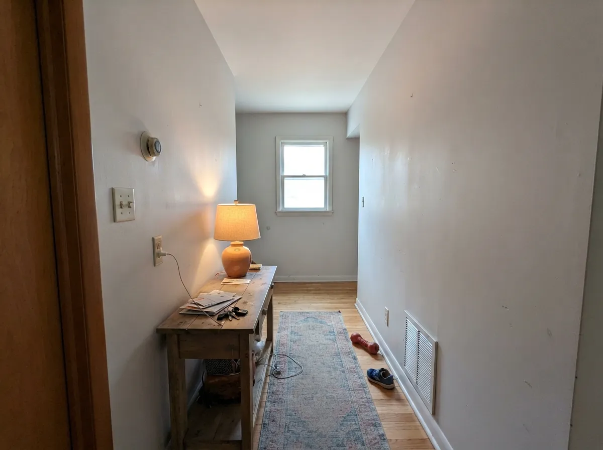 Snowbound flat ceiling and hallway walls with a window at the end.