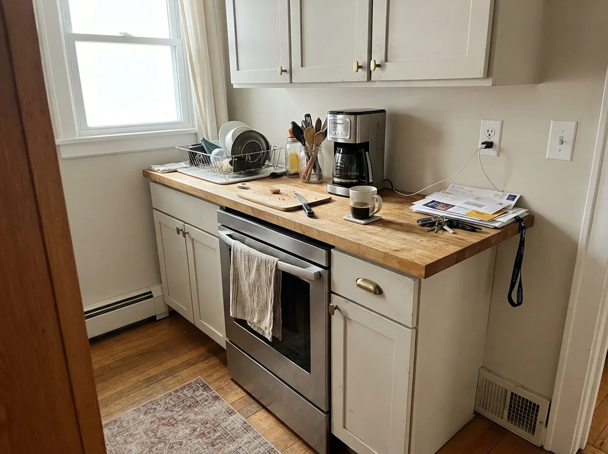 On cabinets in daylight it stays a true soft white — warm enough for brass and white oak, never creamy.