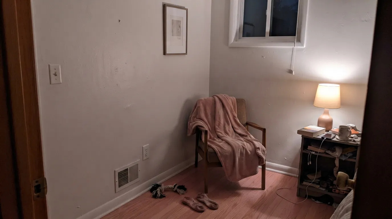 The honest shot: dim north light plus a warm lamp and a pink-leaning floor is exactly the room where people post that their Snowbound walls turned pink.