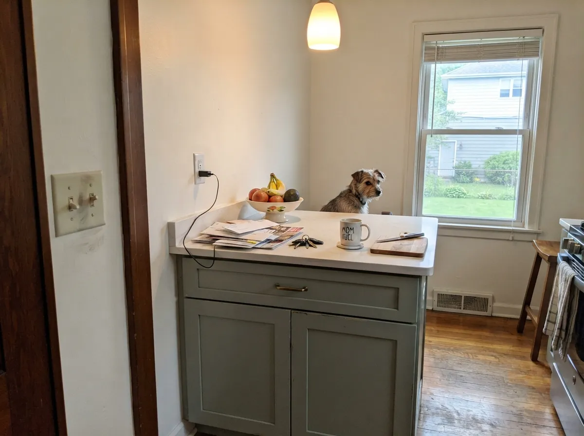 Its strongest commercial use: an island deep enough to feel intentional without committing the whole kitchen to green.