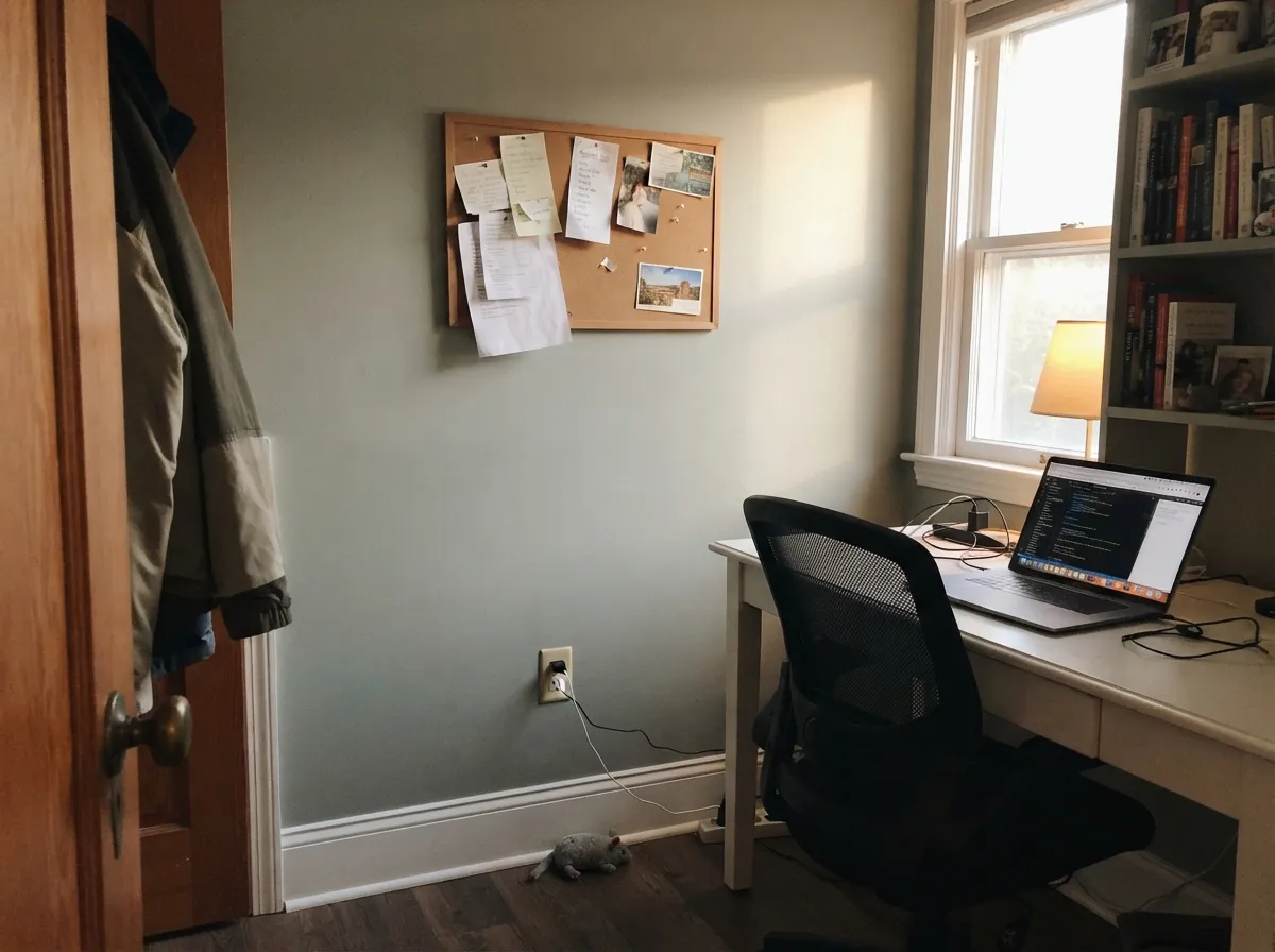 Late west light warms it toward sage for an hour — calming without being sterile, the reason it shows up in home offices.