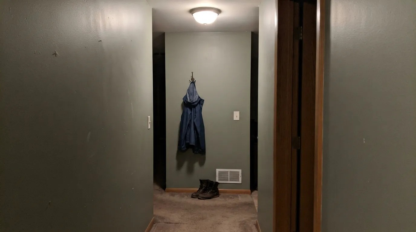 The honest shot: no window, no daylight, and the green disappears entirely into a flat olive-gray. This is the room to skip.