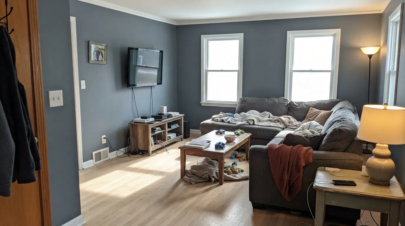 Software in the room it was built for — big windows carry LRV 23 easily, and the one warm throw keeps the cool gray from going cold.