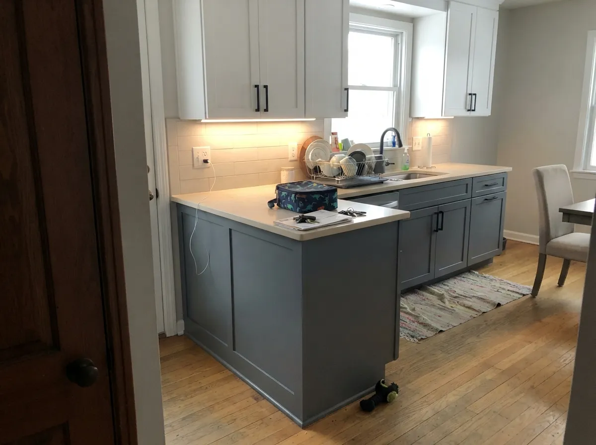 Its strongest use: gray lowers and island under white uppers give a two-tone kitchen real weight without going charcoal.