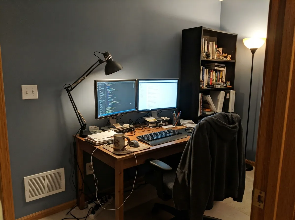 Under 2700K lamps the blue quiets down and the gray reads balanced — why offices and media rooms are the safest place to spend this color.