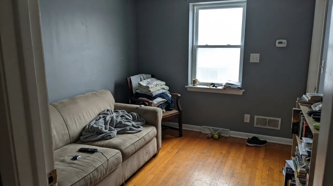 The honest shot: in flat north light with no lamps the blue comes forward, the room closes in, and honey oak floors turn orange against it.