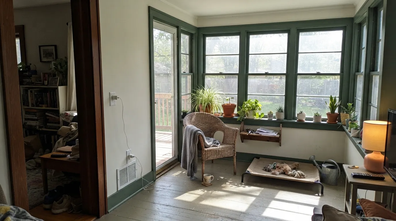 Spare White in the light it was built for — a full wall of sun that would turn a warm white yellow, and it just stays clean and calm.