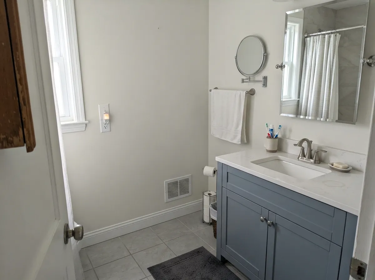 Against gray tile, white quartz and chrome it reads clean rather than clinical — the cool fixed finishes are what make it work.