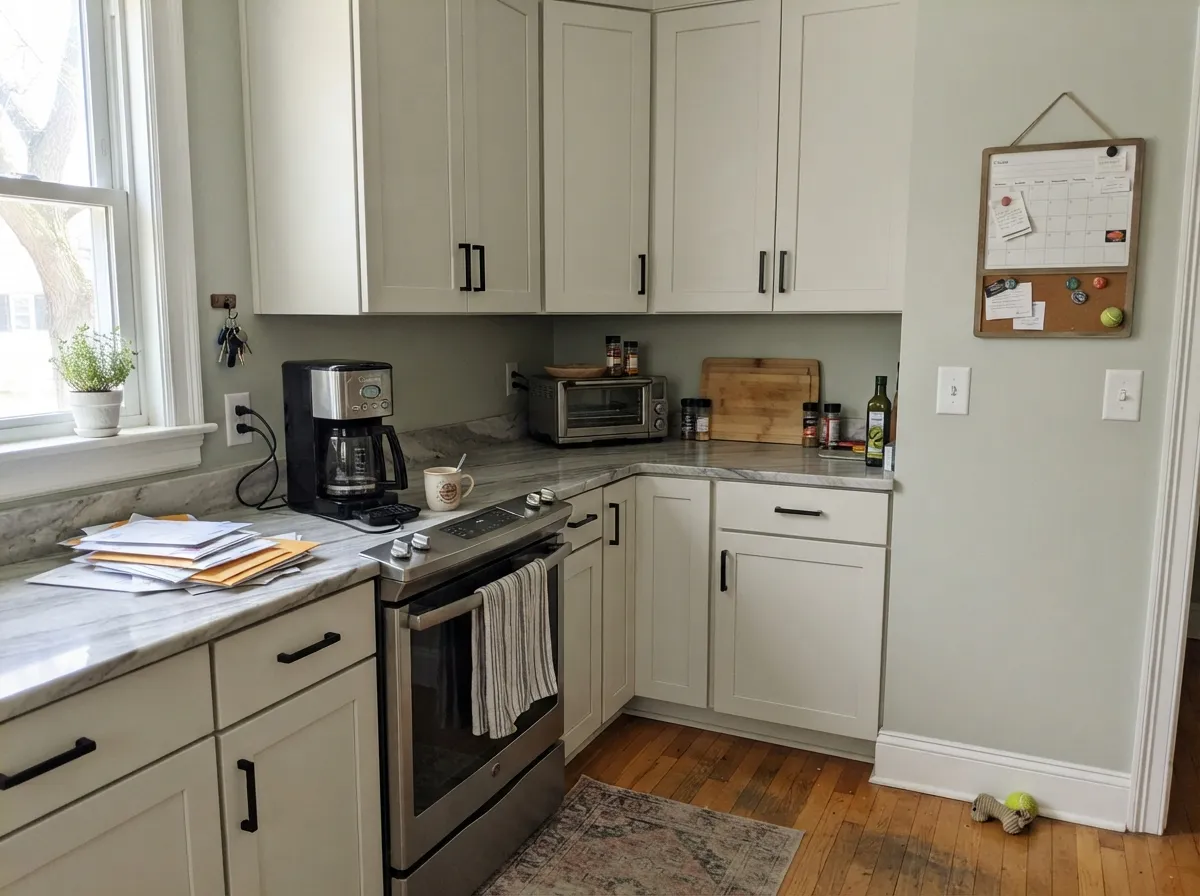 Cabinets in Spare White against Comfort Gray walls — same color strip, so the handoff has no seam in it.