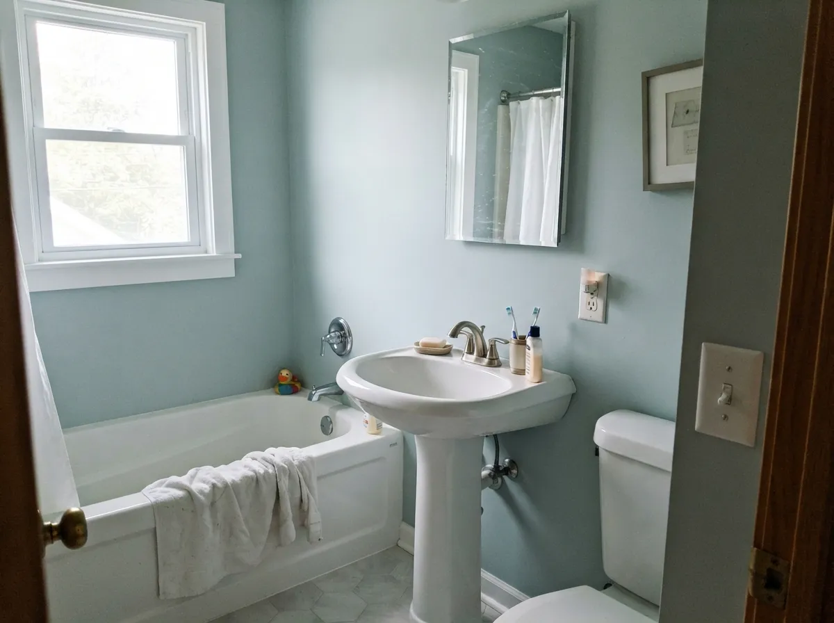 Stardew bathroom walls with white subway tile and a white vanity.