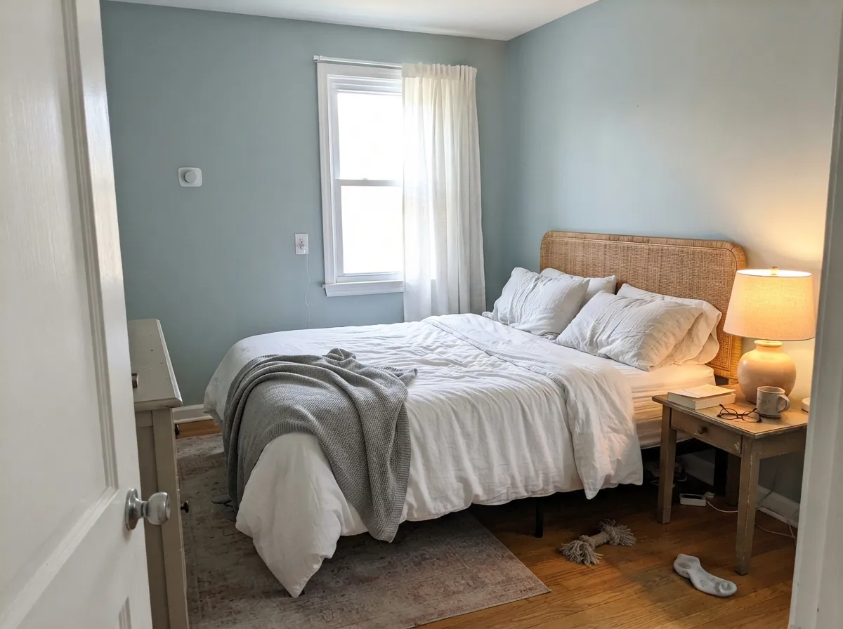 Stardew bedroom walls with white bedding and a rattan headboard.