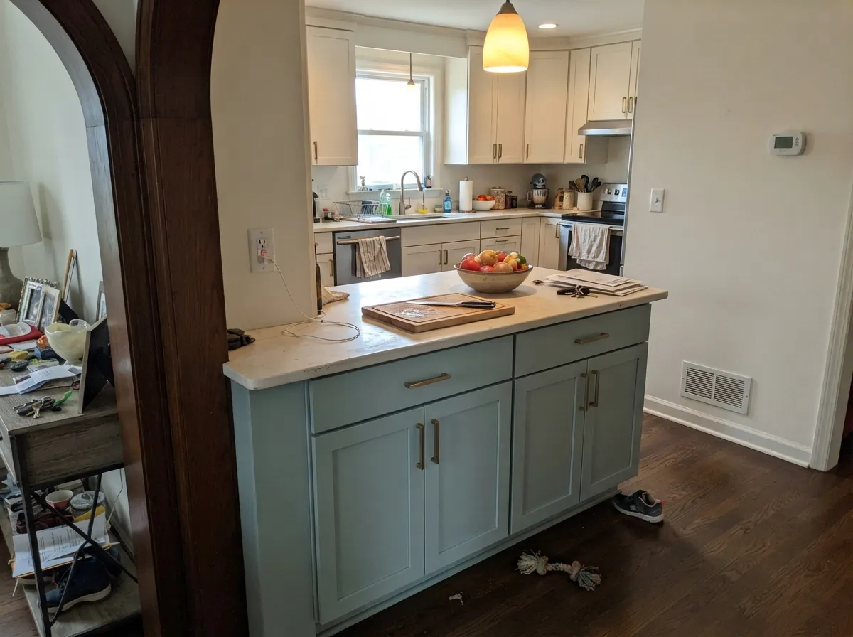 Stardew kitchen island and lower cabinets against light perimeter cabinetry.