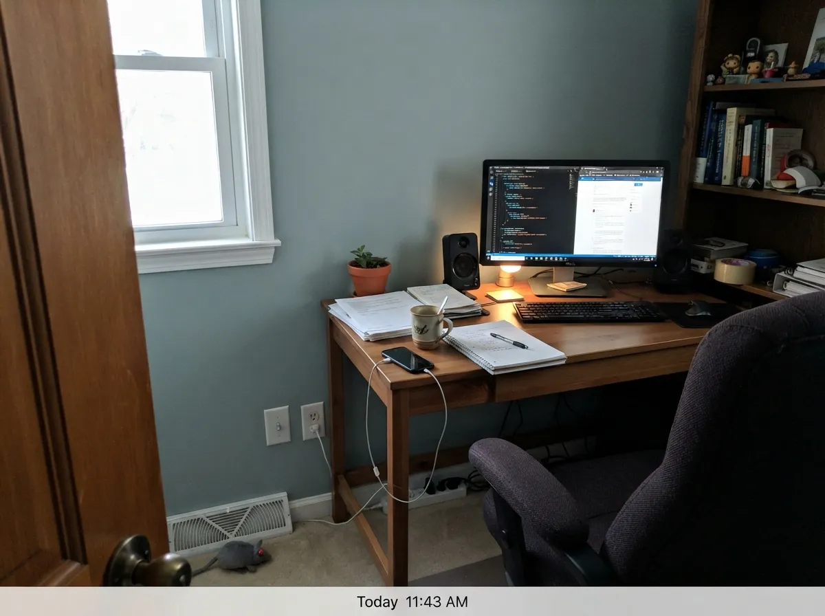 Stardew home office walls behind a desk and monitor.