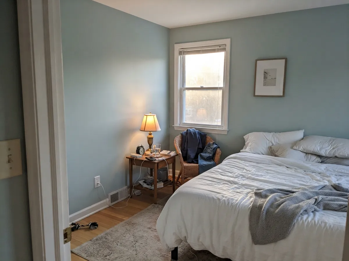 With warm evening lamps on, the blue quiets down and the room reads calm rather than cold.