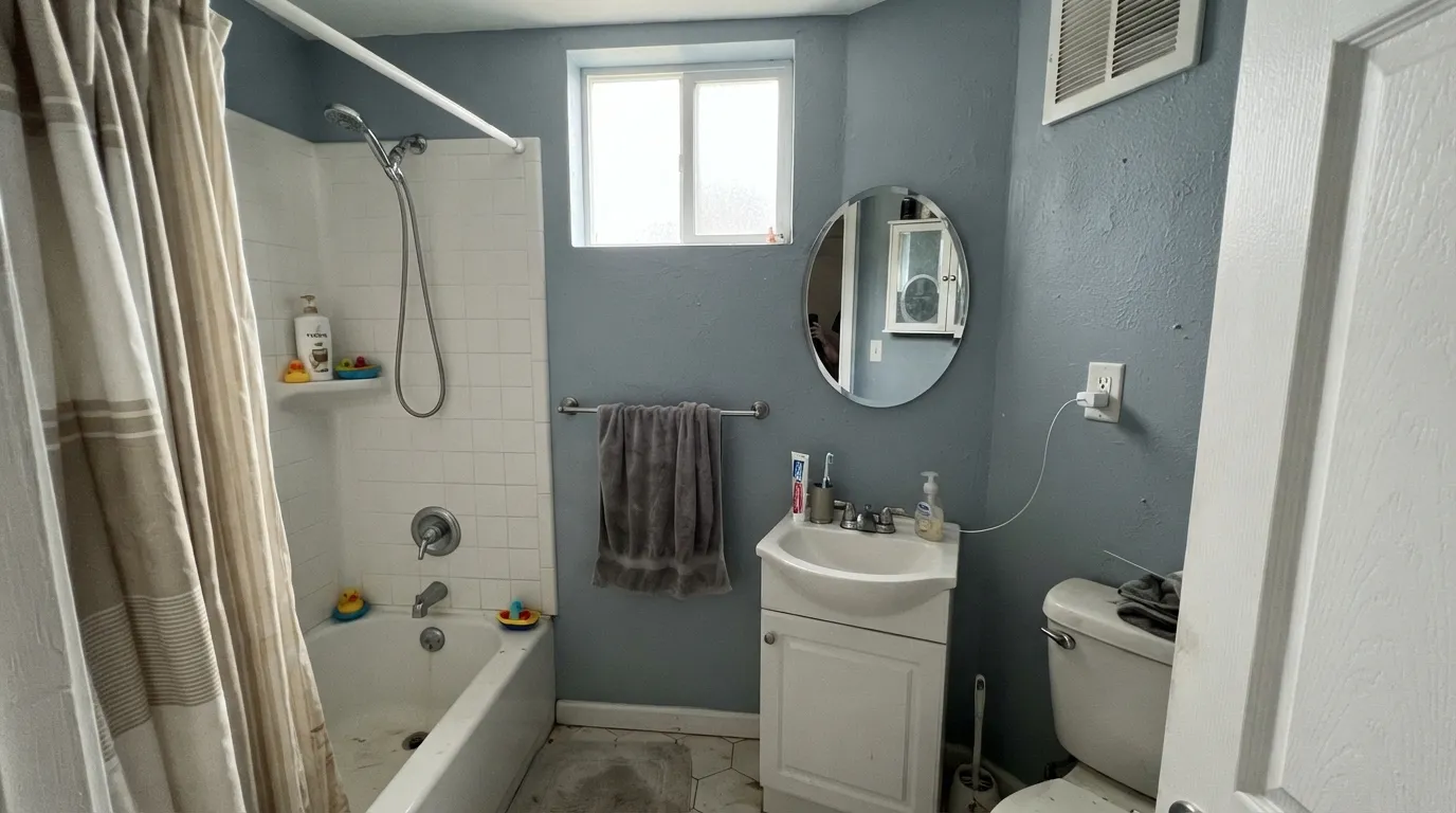The honest shot: north light plus white tile plus chrome stacks up, and the soft gray-blue turns into a cold clinical blue.