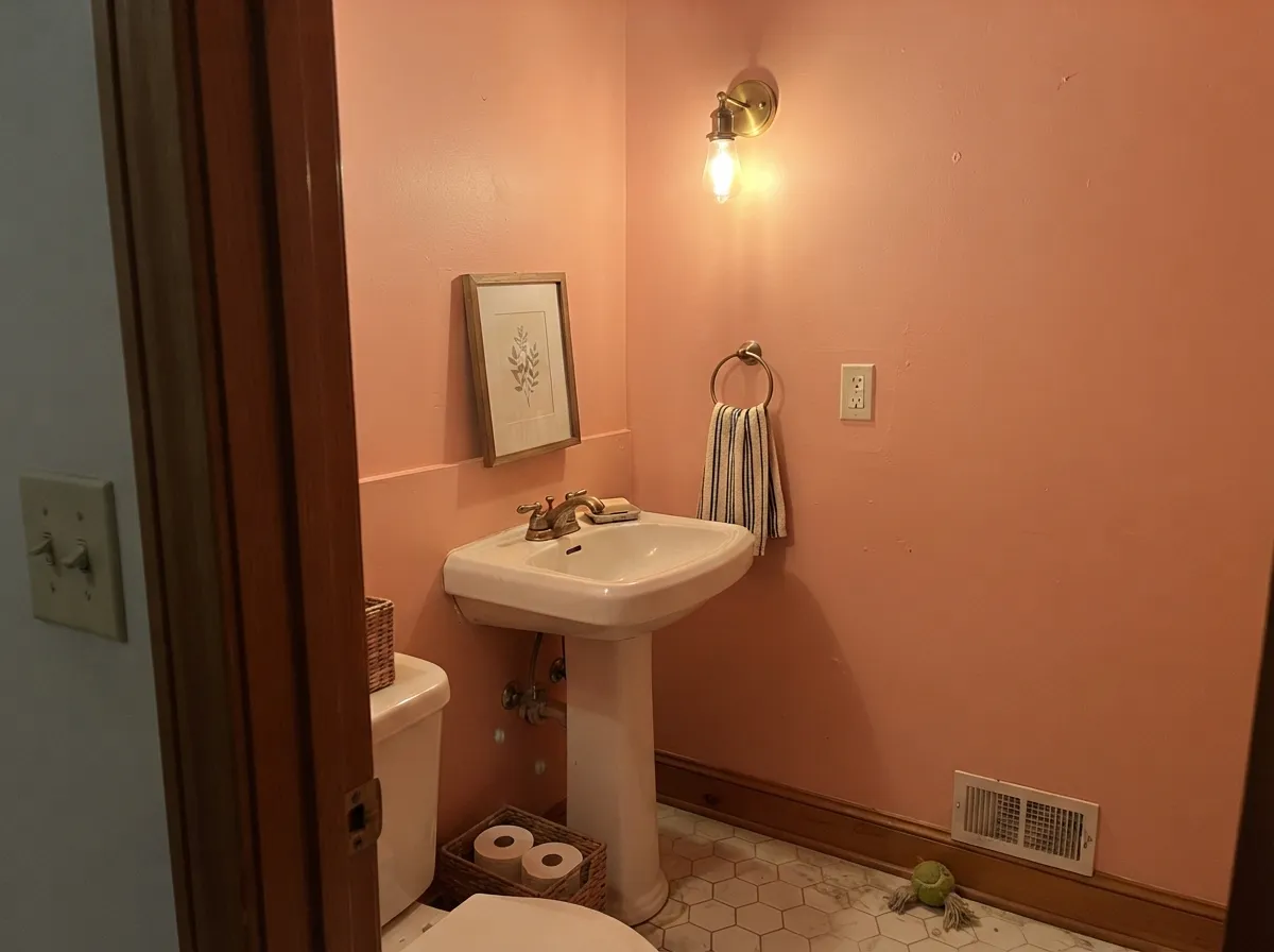 Drenched in a small powder room under a warm bulb, it stays peachy and confident all day — no daylight required.