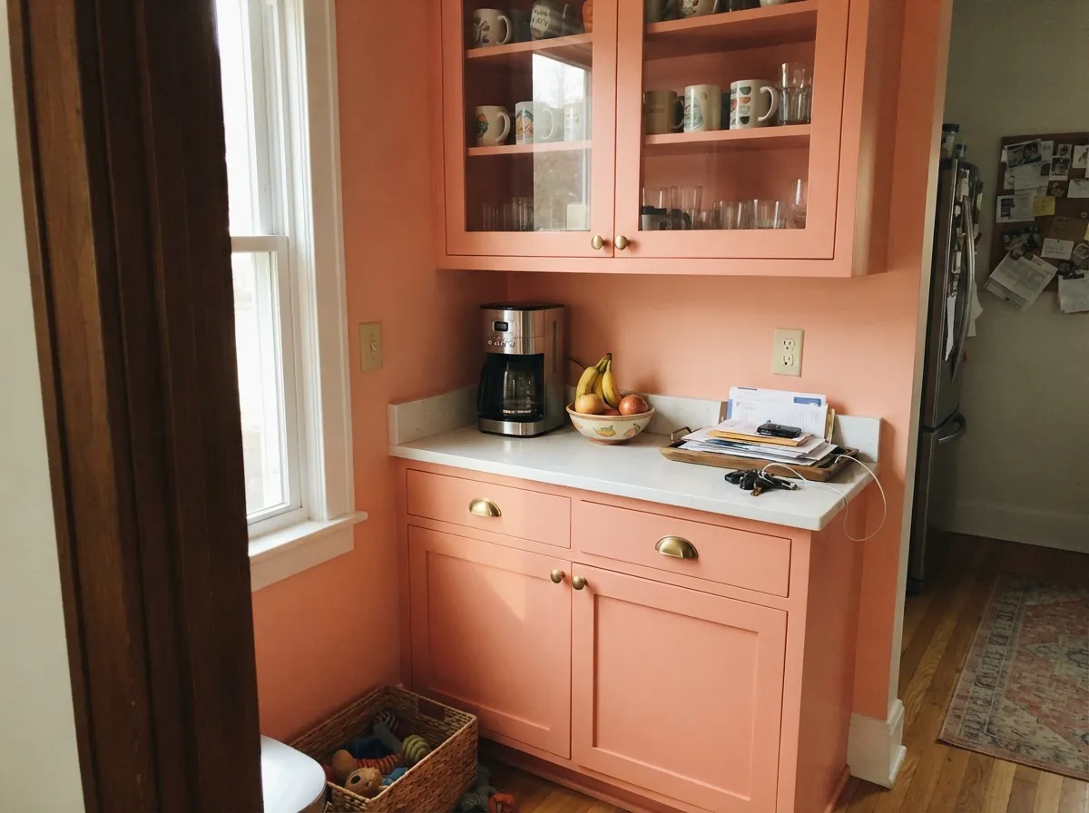 In doses — one hutch, not the whole kitchen — it's an unexpected, pretty color decision against white counters and brass hardware.