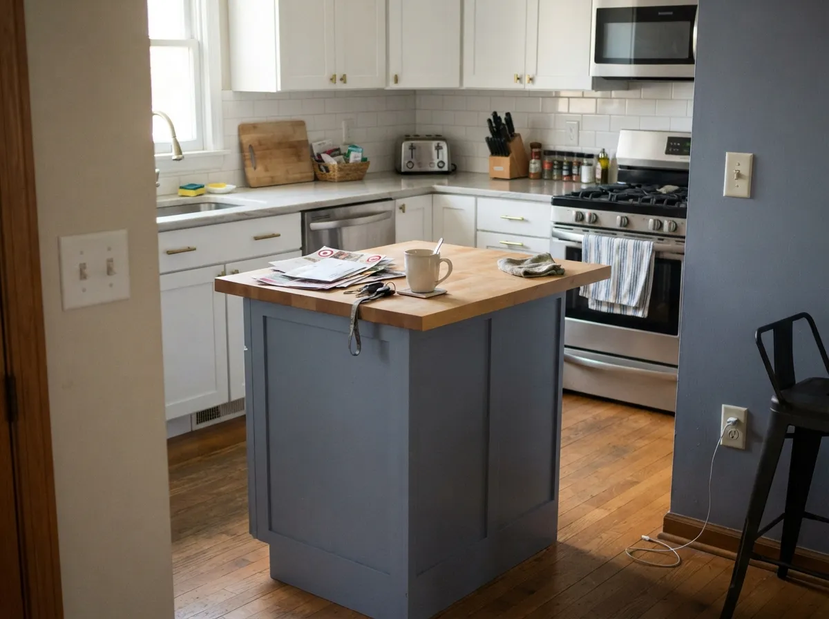 As an island under white cabinetry, the blue-gray anchors the room without fighting the brass hardware.