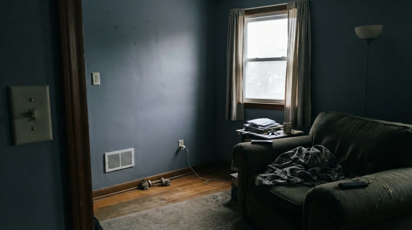 The honest shot: a dim north room with no lamps drains the color to a flat, murky charcoal-purple — the exact situation behind most of the disappointed reviews.