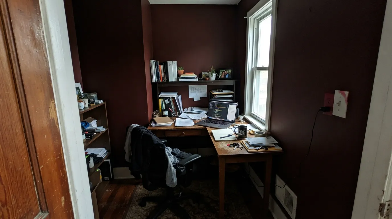 The honest shot: all four walls in a daytime office with weak light. LRV 5 absorbs almost everything — the room shrinks instead of glows.