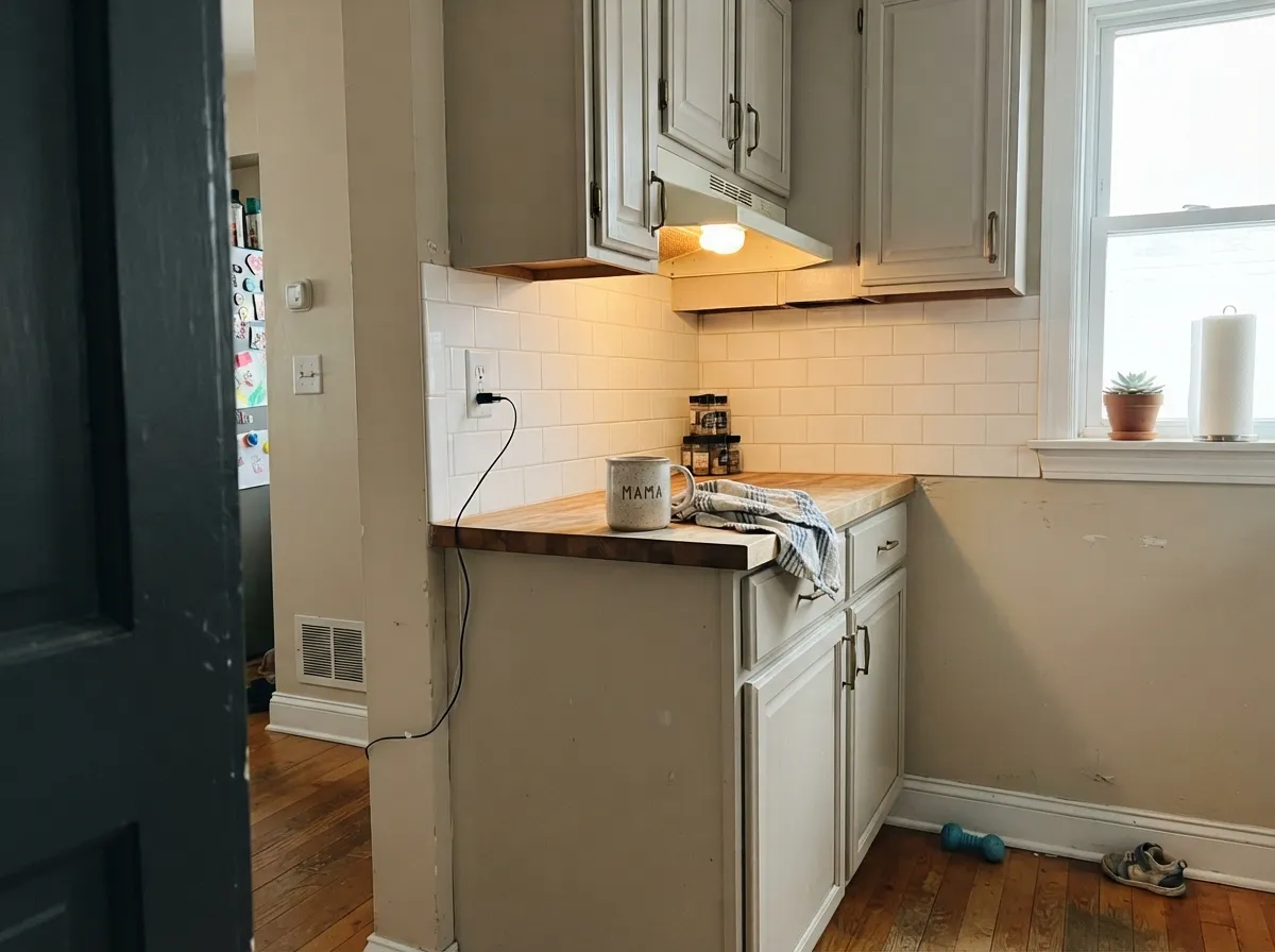 On cabinets with brass and butcher block it's calm and workable — it just won't be the loudest thing in the room.