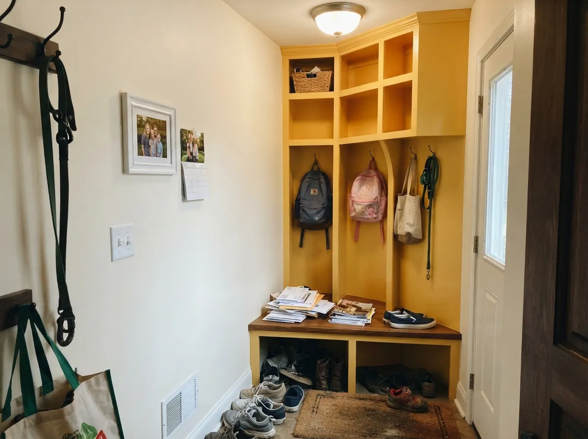 Windowless mudroom, glossy yellow lockers — the room where a bold color costs the least and does the most.