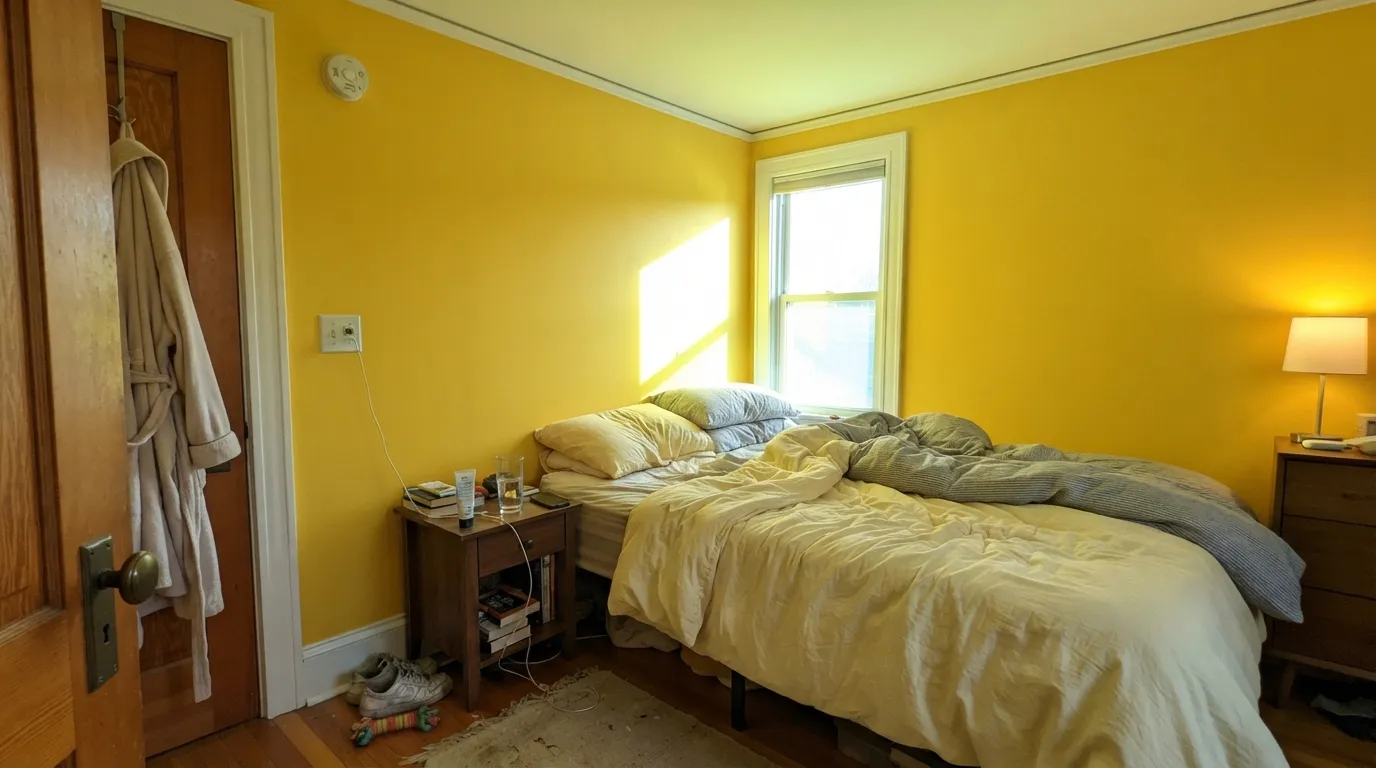 The honest shot: the pale butter yellow on the bedding is what most buyers thought they were choosing — on four sunlit walls the real color is far stronger, and it throws yellow light onto the ceiling and trim.