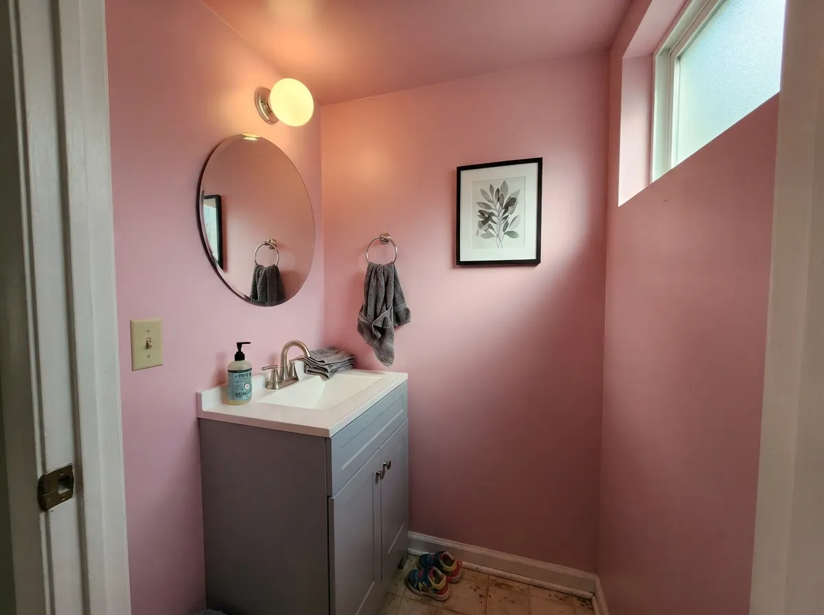 Drenched in a powder room with a blue-gray vanity — a light pink flatters everyone in the mirror, and the cooler blue keeps it from going sweet.