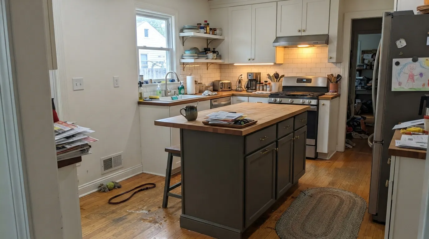 Thunderous carrying a kitchen island against warm white cabinets and oak floors — daylight pulls the green forward, exactly the look that's made it one of SW's most-requested cabinet colors.
