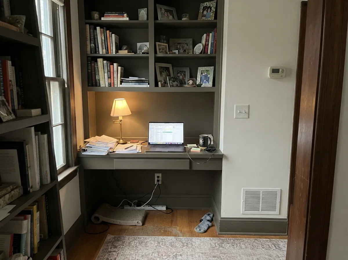 Under a warm lamp the built-ins settle toward brown and gray — the den-like mood the color is known for after dark.