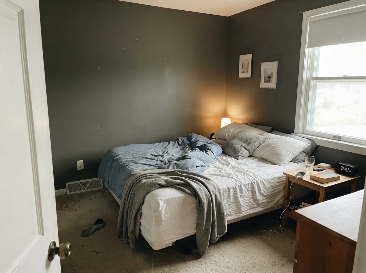 As a single accent wall it reads grounded and calm, not heavy — the job it does best in a bedroom.