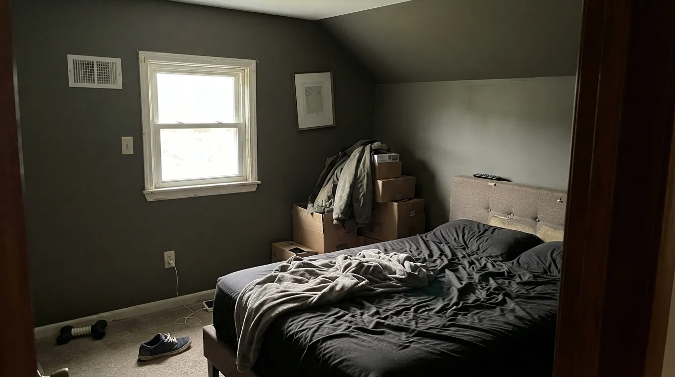 The honest shot: four unbroken walls of a small room with no accent break and no warm light — the most common Thunderous regret in the reviews.