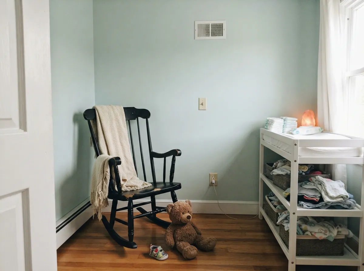 Gender-neutral and calm — paired with a black accent chair it reads current, not baby-pastel.