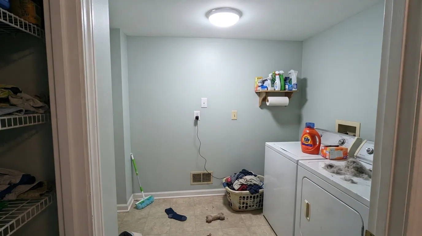 The honest shot: cool LED with no daylight strips the color down to flat gray-blue — the light this paint depends on, in the light it doesn't get.