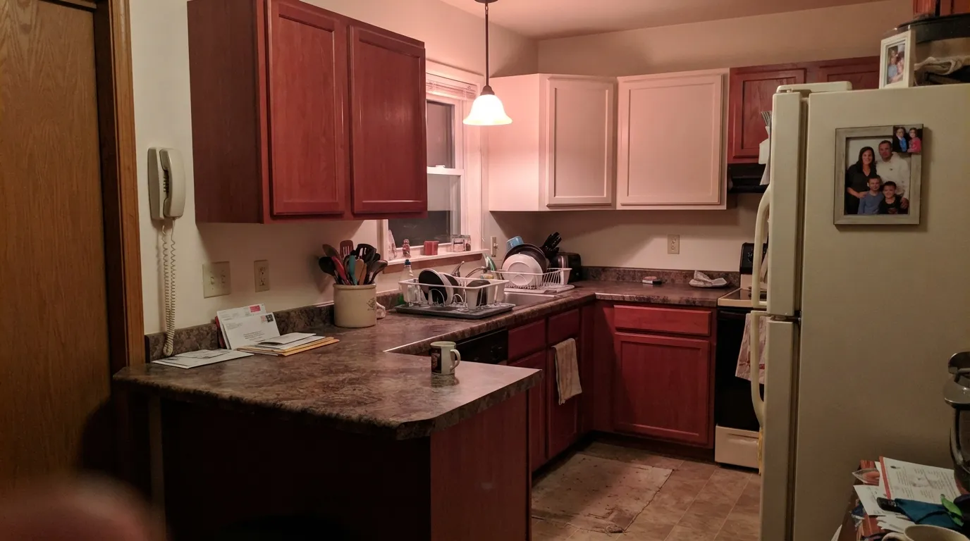 The honest shot: reddish cherry cabinets under a warm bulb, and the white flushes visibly pink instead of staying a clean off-white — the single most-reported real complaint about this color.