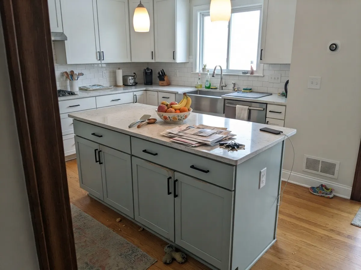 The color's newer specialty: island cabinets against white perimeter cabinets and black hardware — a real cabinet-shop pairing, not just a wall color.