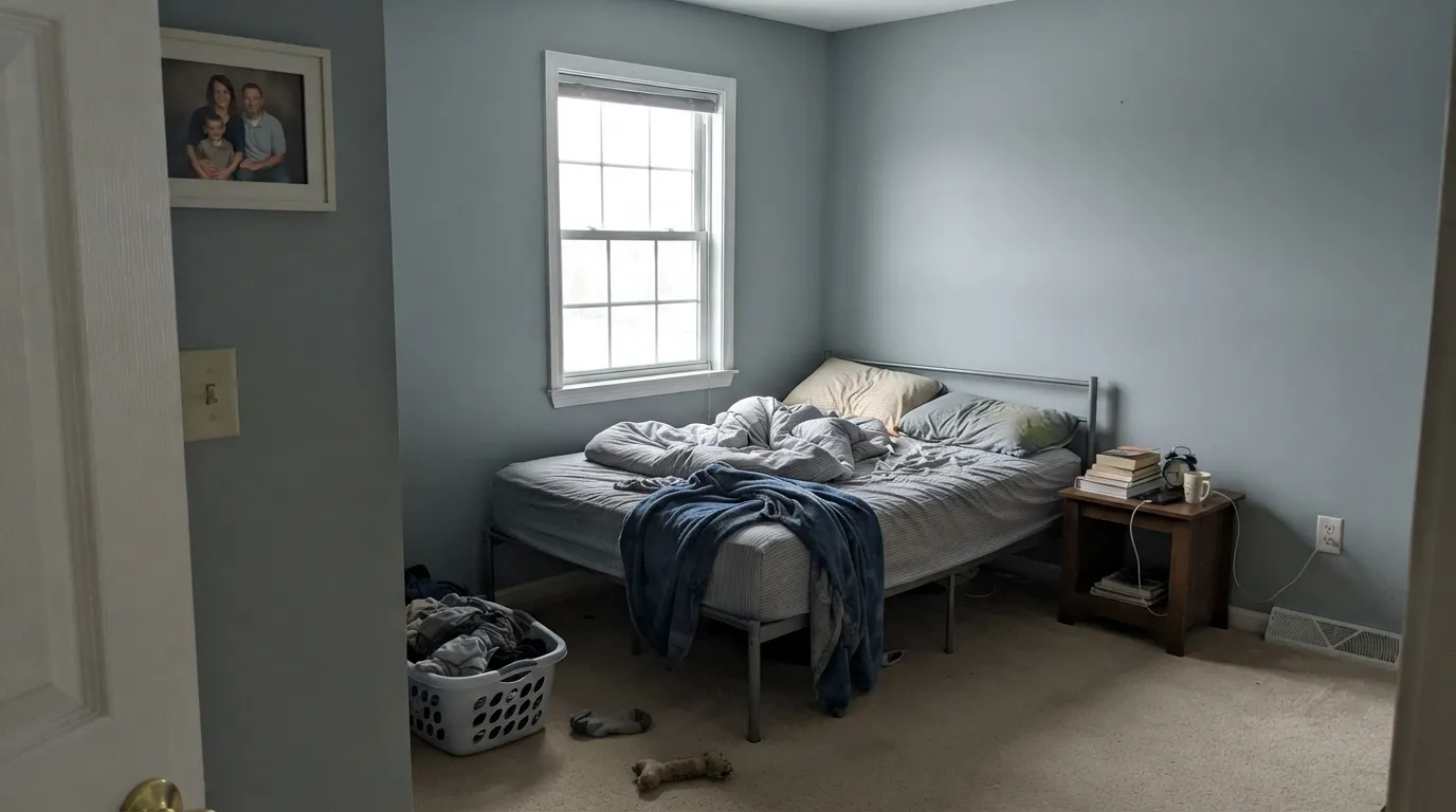 The honest shot: cool north light with no lamps drains the color to a flat, muted gray-blue — the single most common disappointment with this shade.