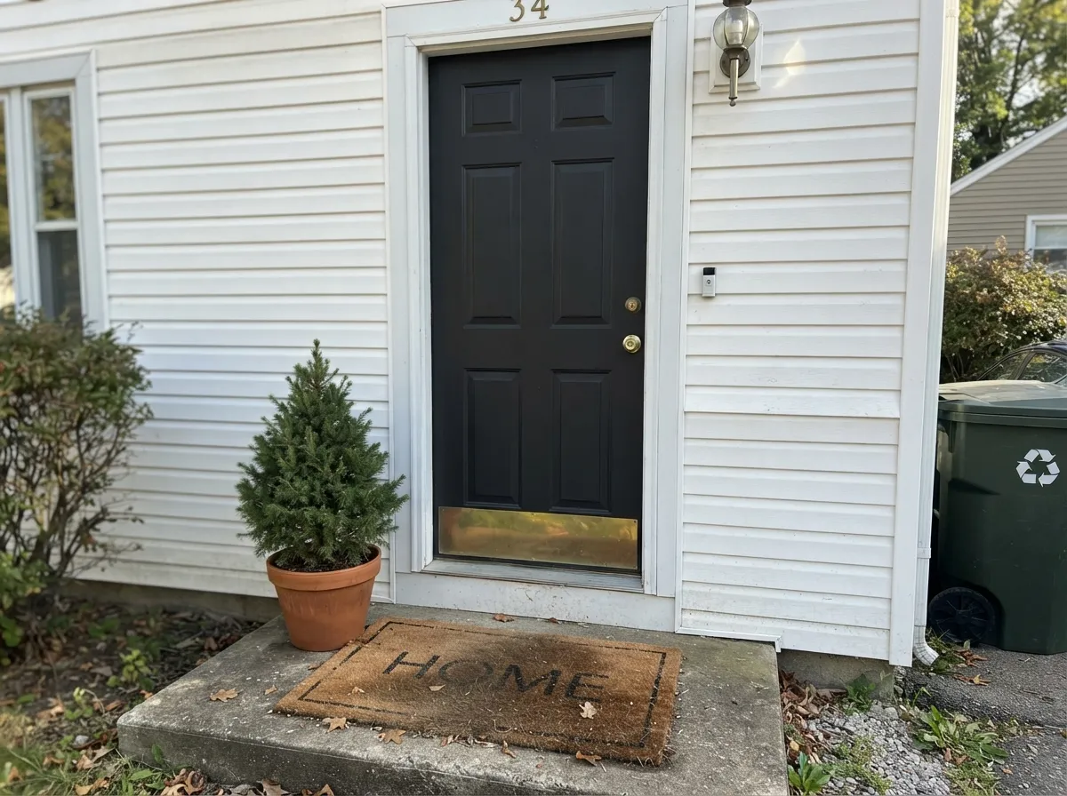 Tricorn Black front door against white siding.