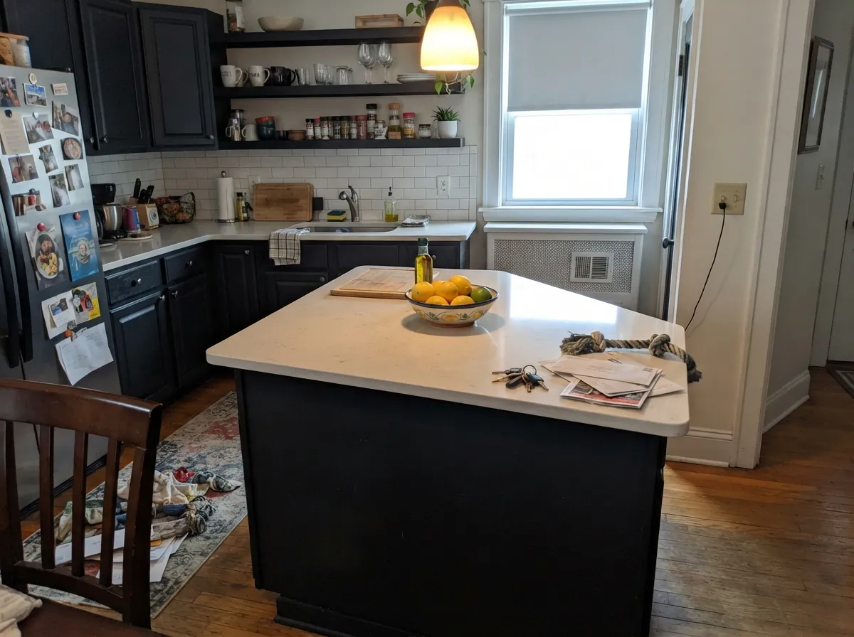 Tricorn Black kitchen island against light countertops and cabinets.