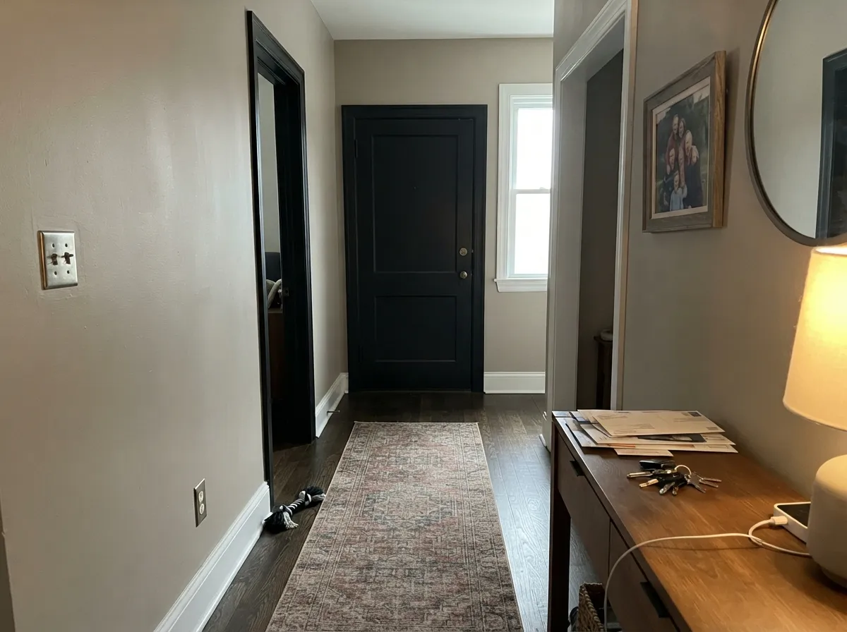 Tricorn Black interior door against greige hallway walls.