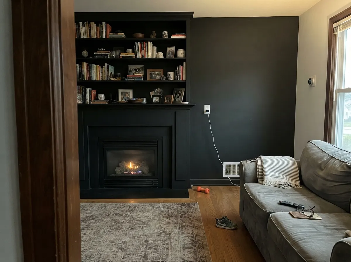 Tricorn Black built-in shelving and fireplace wall.
