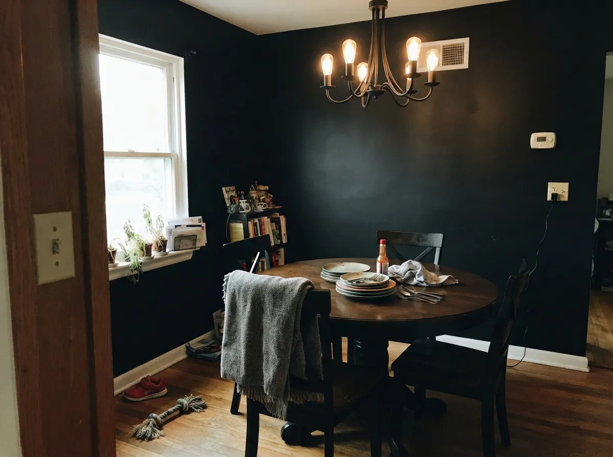 Tricorn Black dining room walls lit by daylight and warm bulbs.