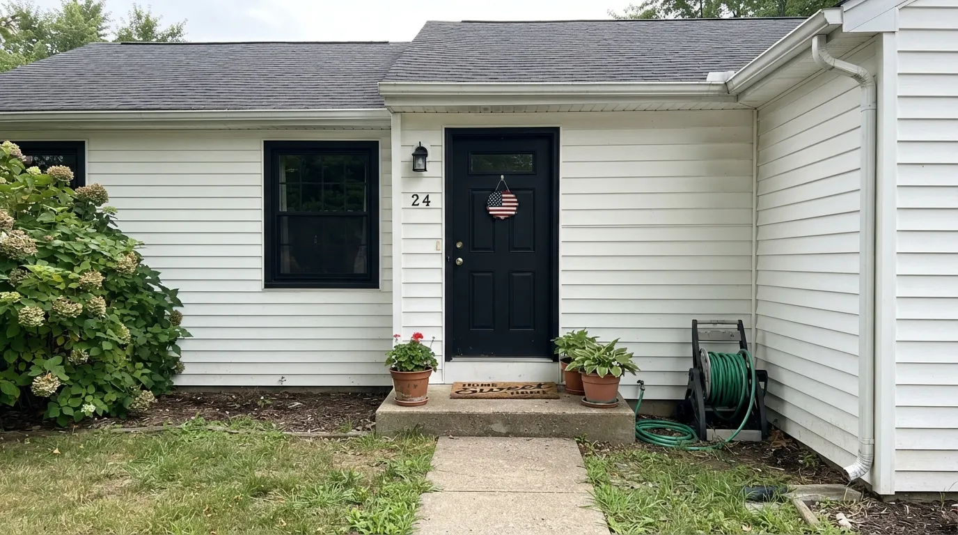 On a shaded entry the black door and sash hold one flat, even tone — no navy, no brown, just a hard frame around the glass.