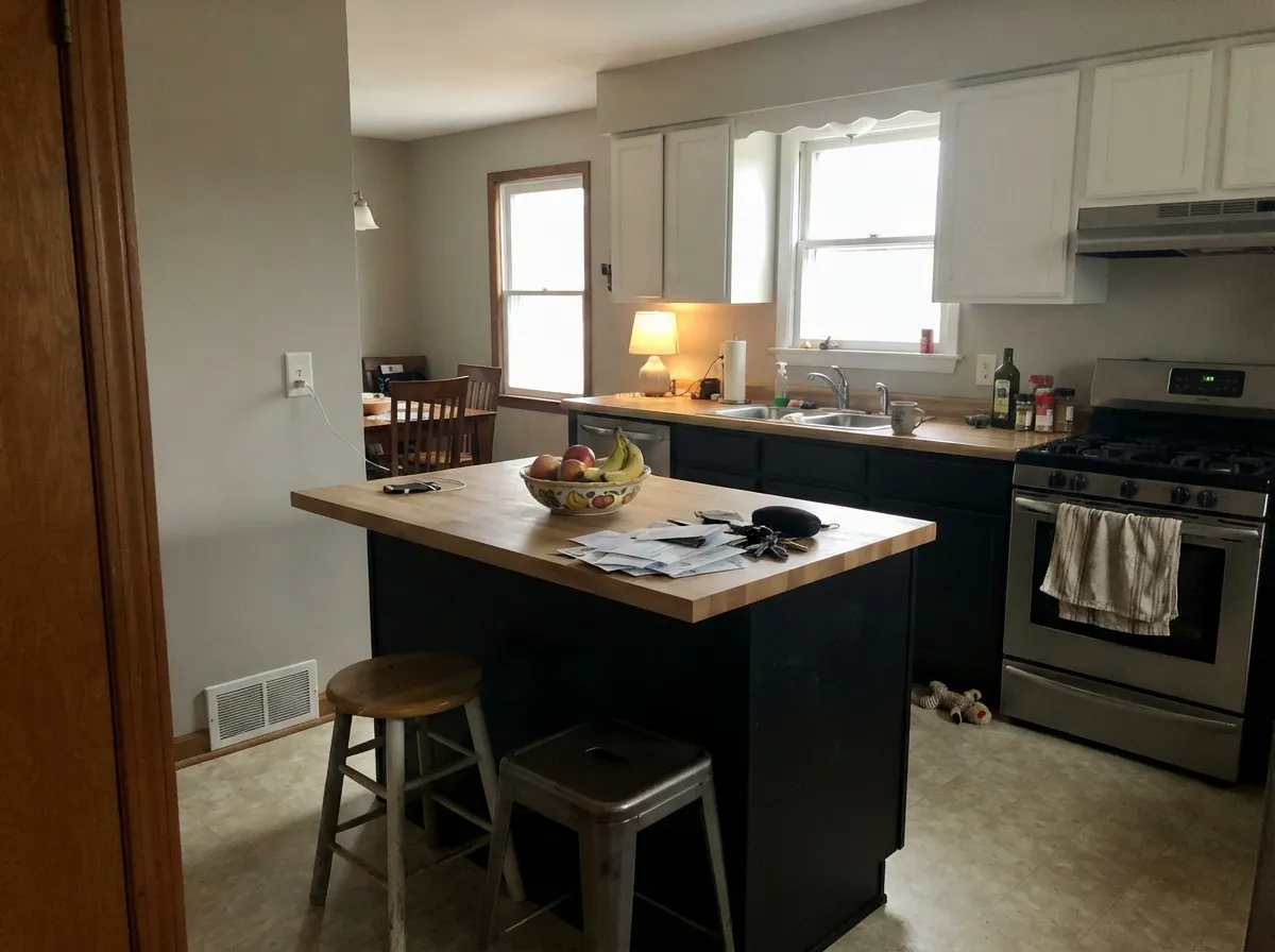 Satin on the island is doing real work here — warm afternoon light skims the doors and you can see fingerprints near the drawer pulls.