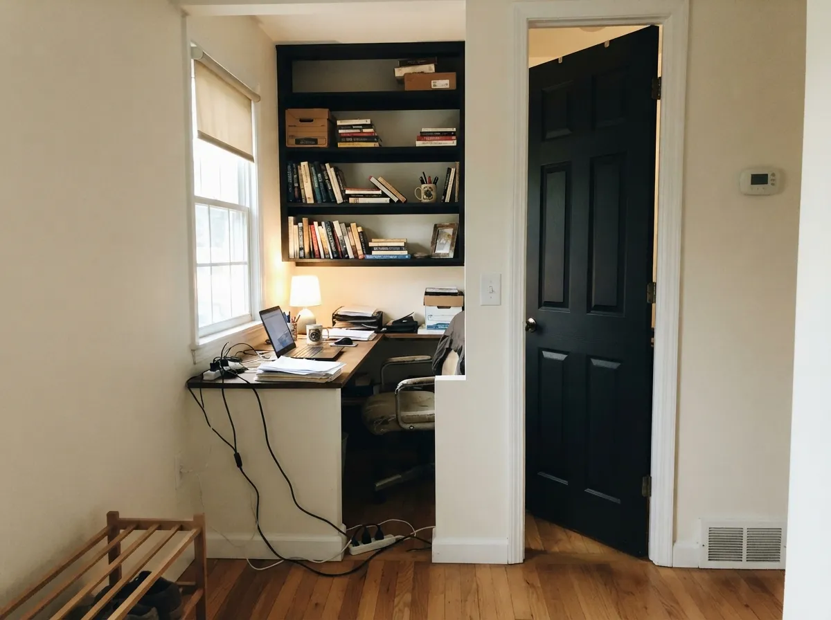 Black doors and shelving against off-white walls: the smallest amount of paint in the room, doing the most work.