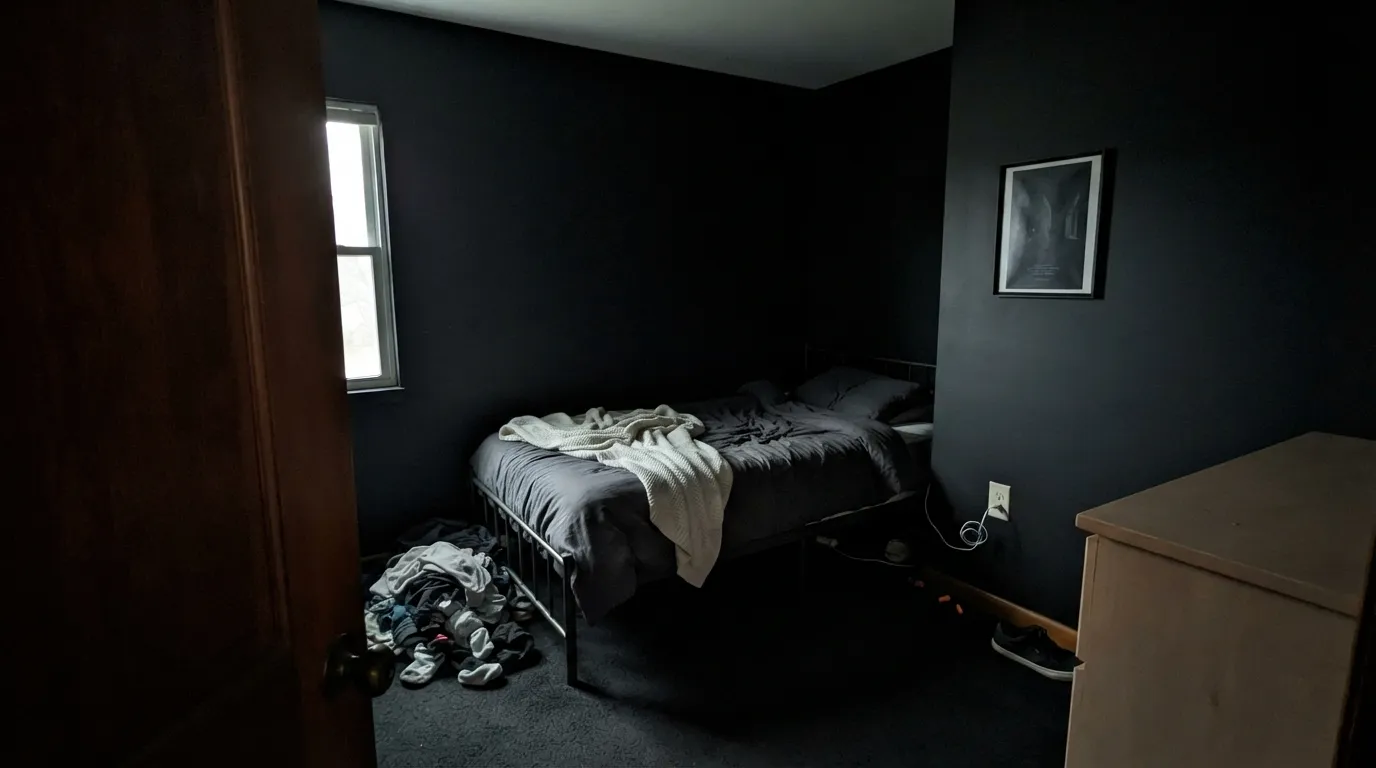 The honest shot: at LRV 3 in a small room with one window and no lamps, the corners go solid and the room stops reading as a room.