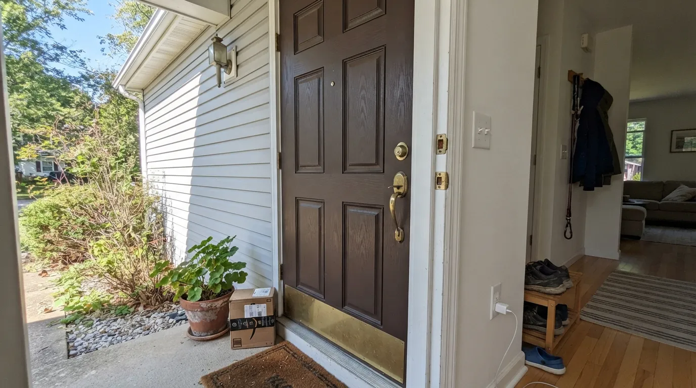 Turkish Coffee's best job — full sun on a front door lets the coffee-brown warmth read clearly against white siding.
