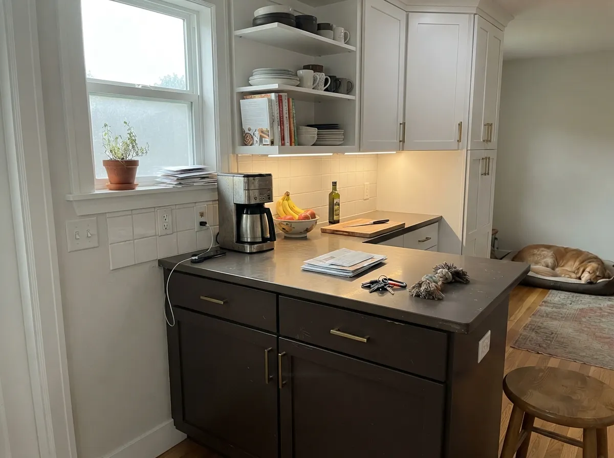 The two-tone kitchen look: white uppers keep the room bright while the island carries all the depth.